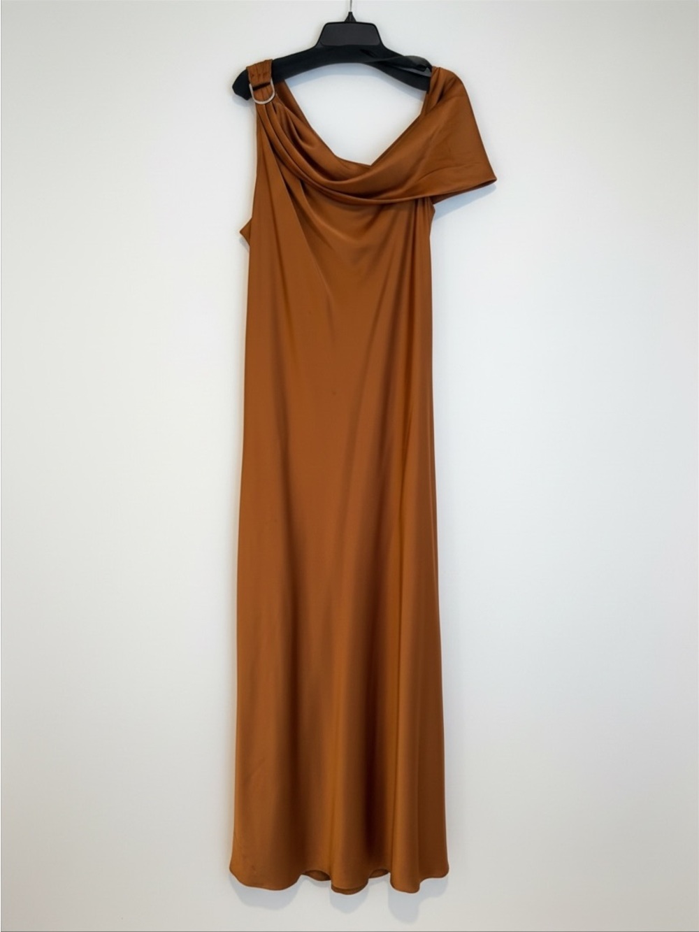 Ralph Lauren Buckle Trim Satin Off Shoulder Gown Cinnamon Bark Sz 18